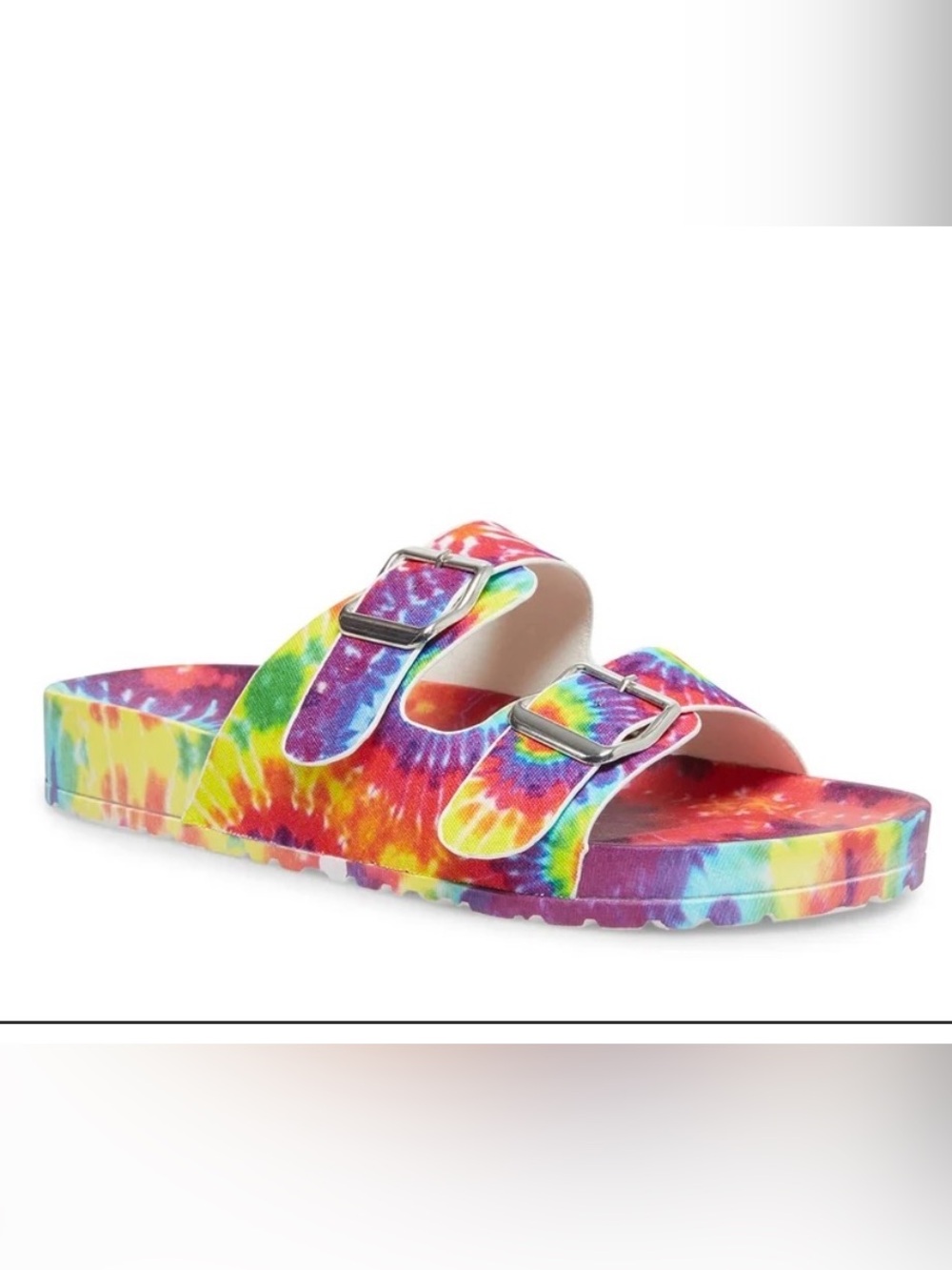 Madden Girl Teddy T Bright Multi slide sandals with a vibrant tie-dye pattern 7